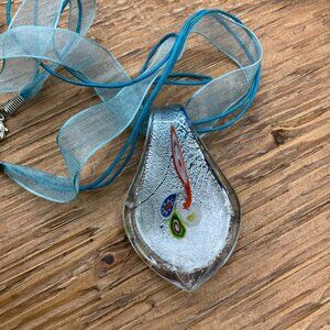 Murano Glass Inspired Teardrop Leaf Pendant Blue Ribbon Silver Tone Necklace